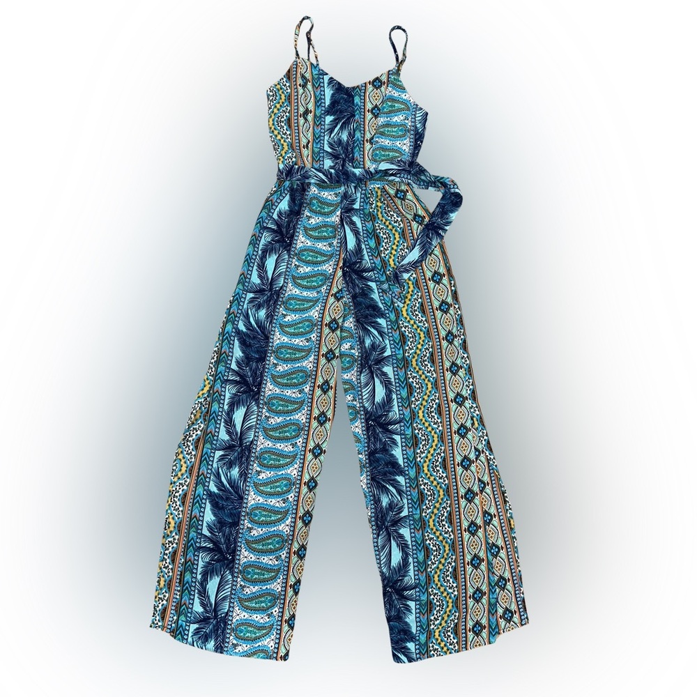 Monteau Teal and Navy Patterned Jumpsuit